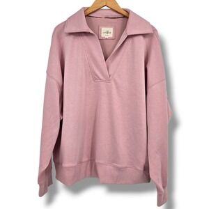 Umgee Womens Rose Pink Split Polo Collar Oversized Sweatshirt C4012 Size L